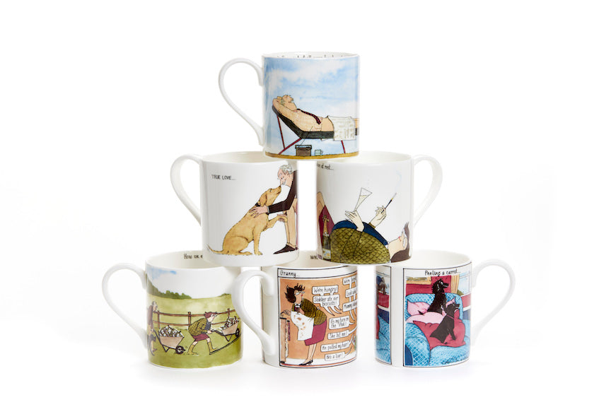 Tottering by Gently gifts including fine bone china mugs and cotton tea towels featuring Annie Tempest cartoons