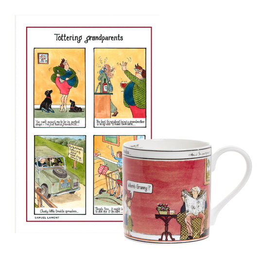 Tottering by Gently grandparents gift set with fine bone china mug made in England and cotton tea towel featuring Annie Tempest cartoon