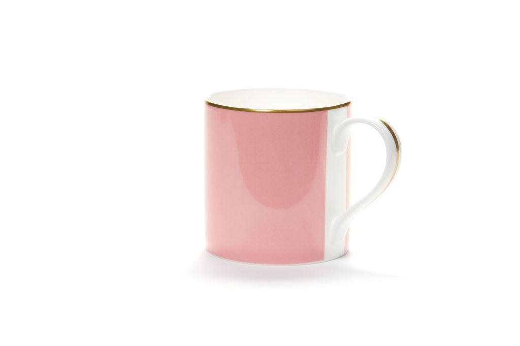Blush pink fine bone china mug made in England with hand painted 24k gold rim and handle detail