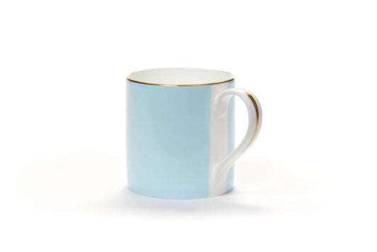 pale blue fine bone china mug made in England with 24k gold rim and handle detail