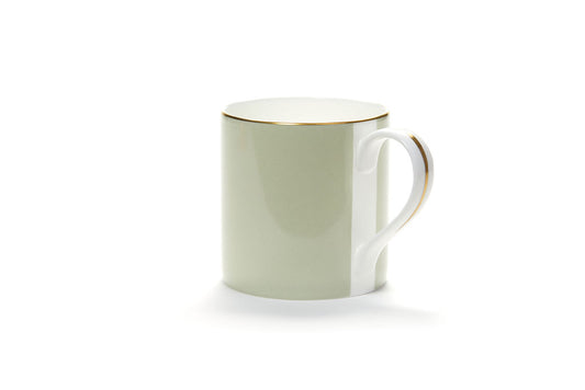 French grey fine bone china mug made in England with hand painted 24k gold rim and handle detail